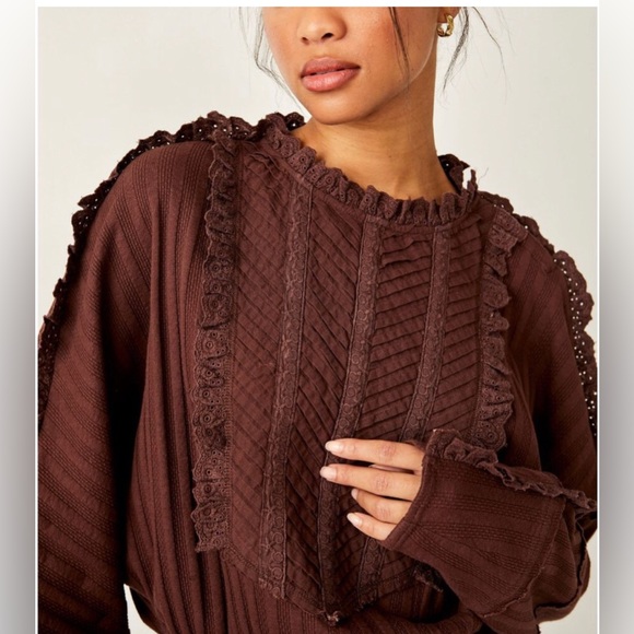 NWT Free People Romance Long Sleeve Top in Mocha - Picture 5 of 12